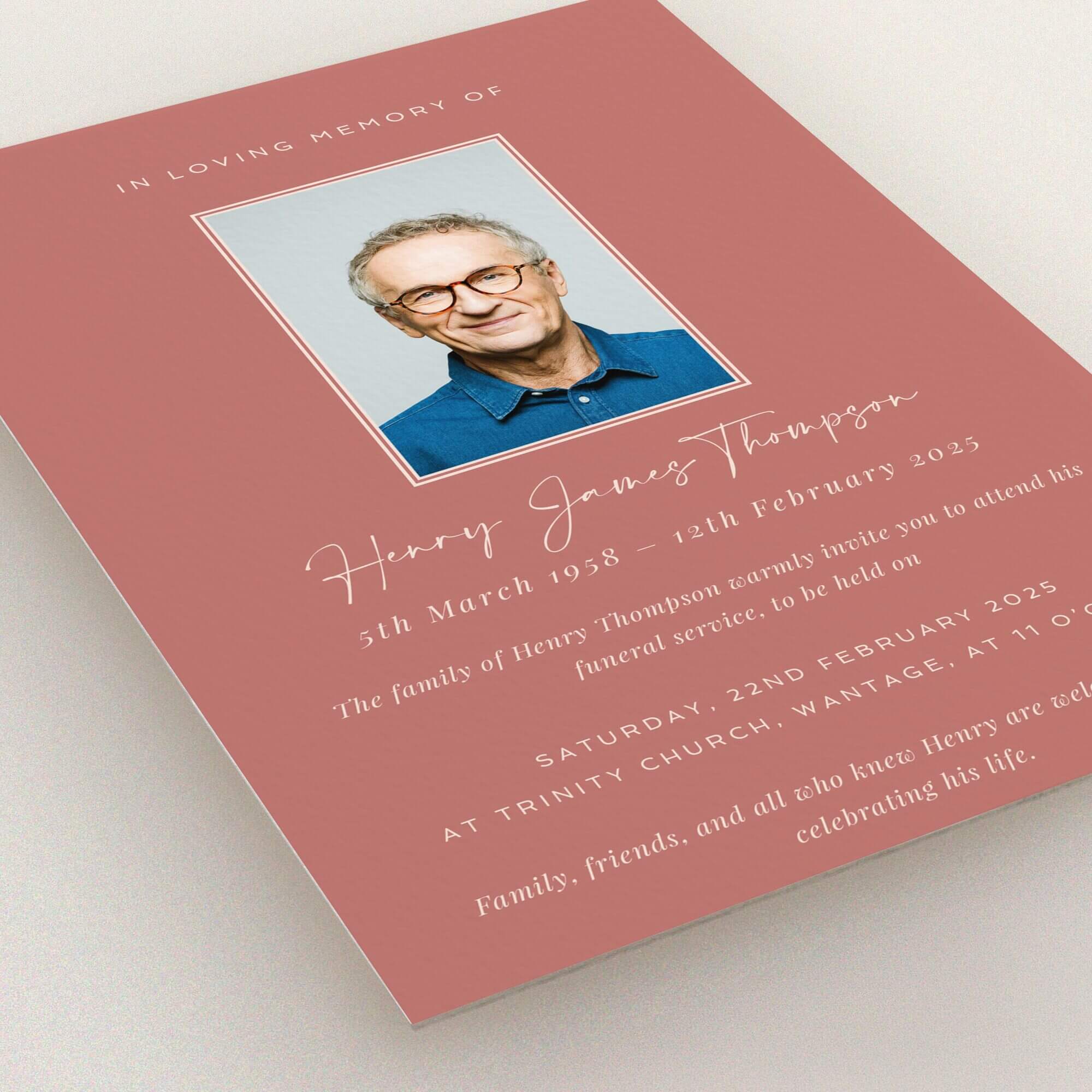 Funeral announcement design with one photo for a personalised memorial service invitation.