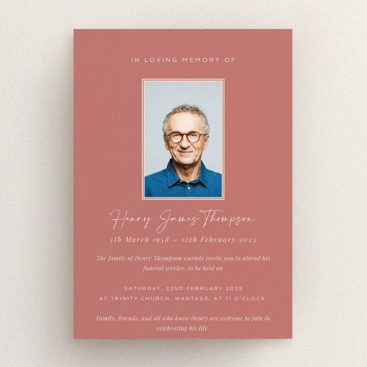 Funeral announcement design with one photo for a personalised memorial service invitation.