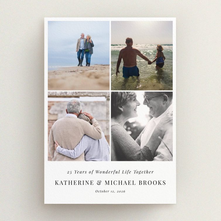 Elegant 25th anniversary party invitations with four heartwarming photos celebrating a couple's milestone.