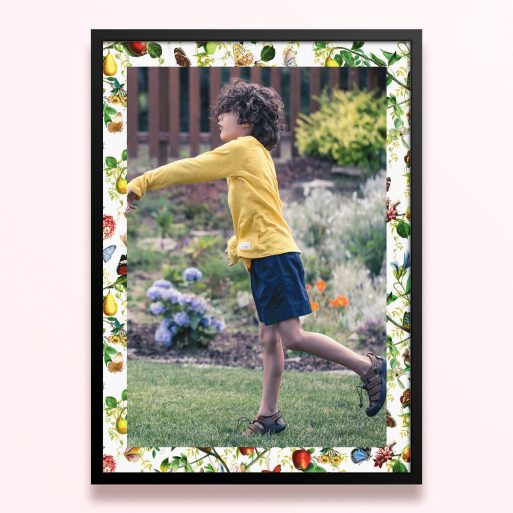Simple framed prints designs with a colourful botanical border and one photo