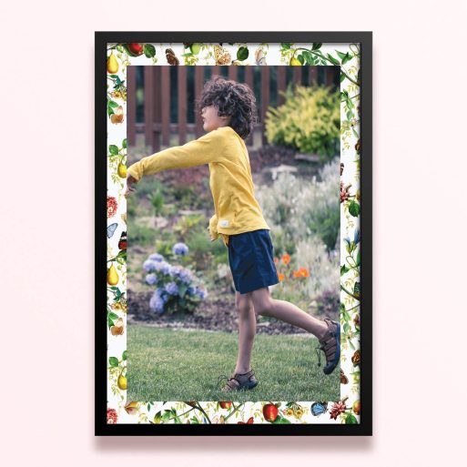 Simple framed prints designs with a colourful botanical border and one photo