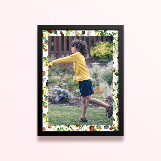 Simple framed prints designs with a colourful botanical border and one photo