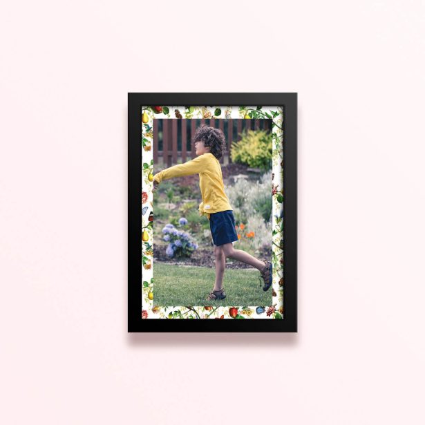 Simple framed prints designs with a colourful botanical border and one photo