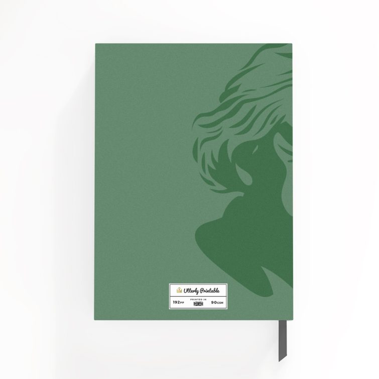 Green notebook cover design with artistic illustration, featuring one photo on the back cover.