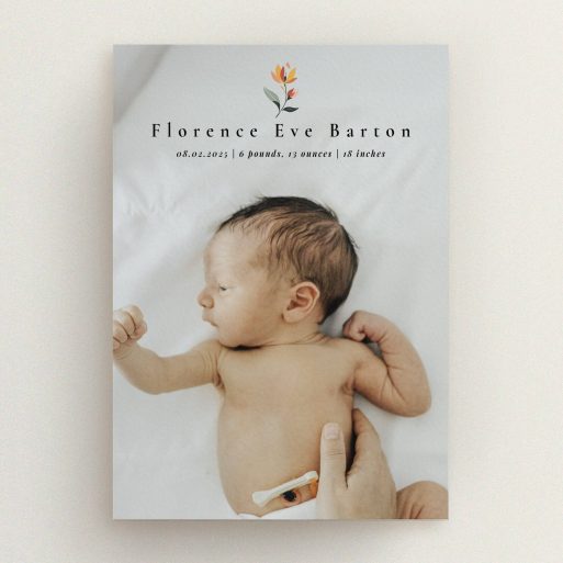 Minimalist birth announcement card design featuring one photo of a newborn baby.