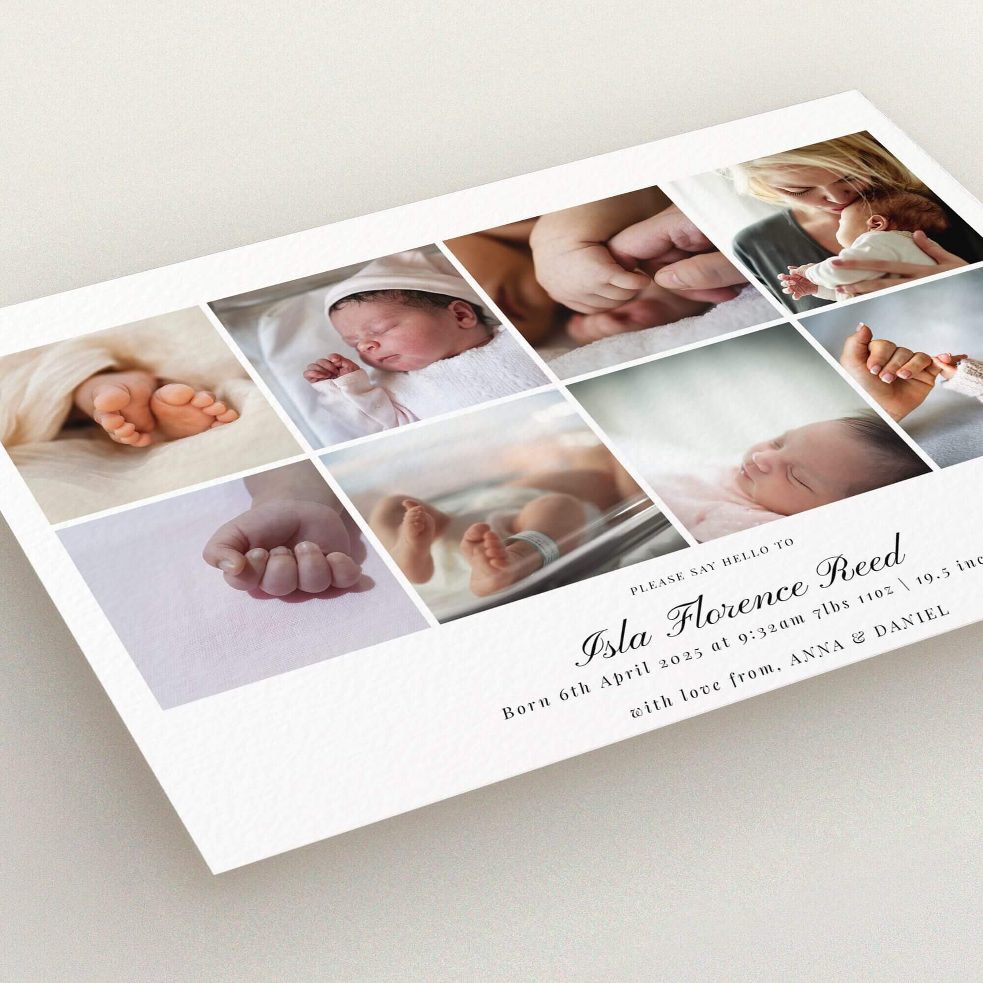 Elegant birth announcement card design featuring eight photos.