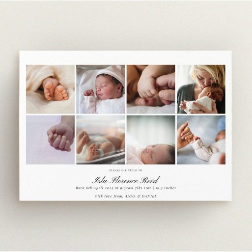 Elegant birth announcement card design featuring eight photos.