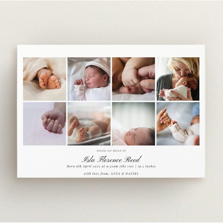 Elegant birth announcement card design featuring eight photos.