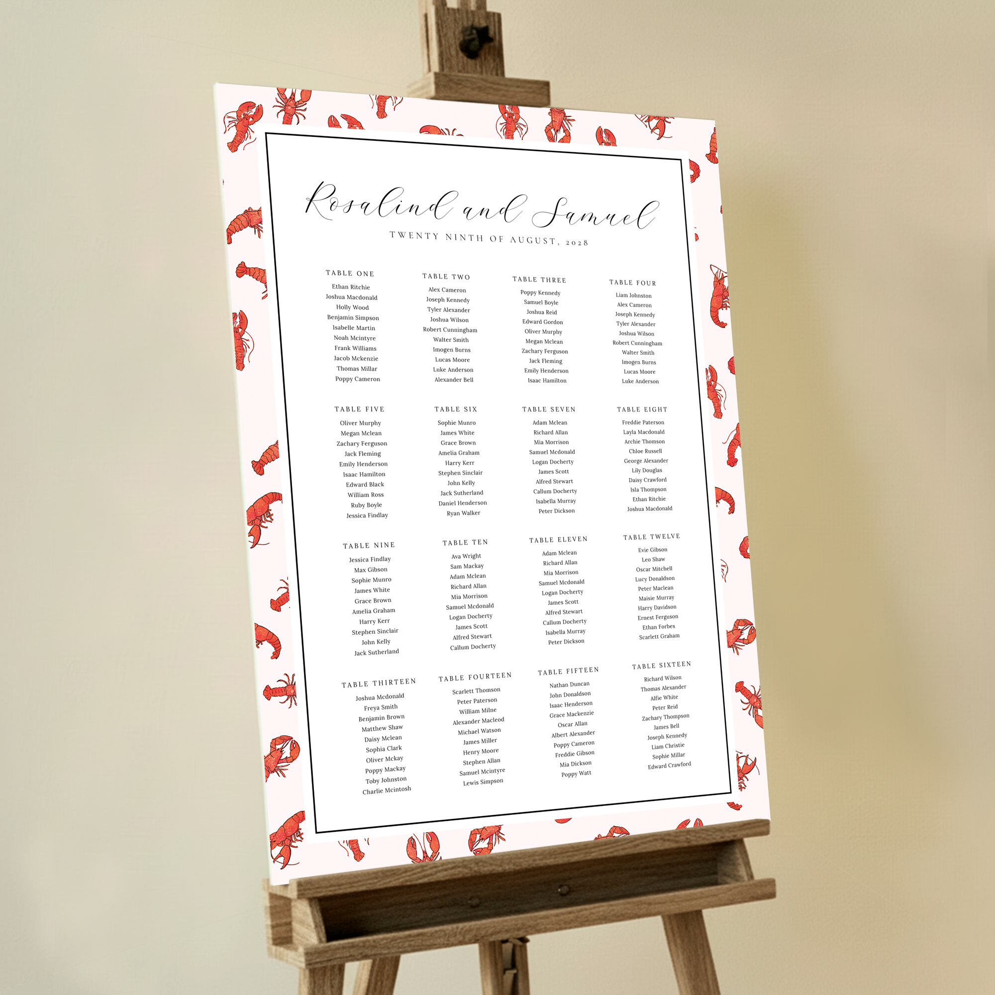 'Tiny, Tiny Lobsters' Seating Plan design featuring bright red lobsters playfully scattered across a pink background, adding a touch of whimsy to your event.. This design shows 16 tables.