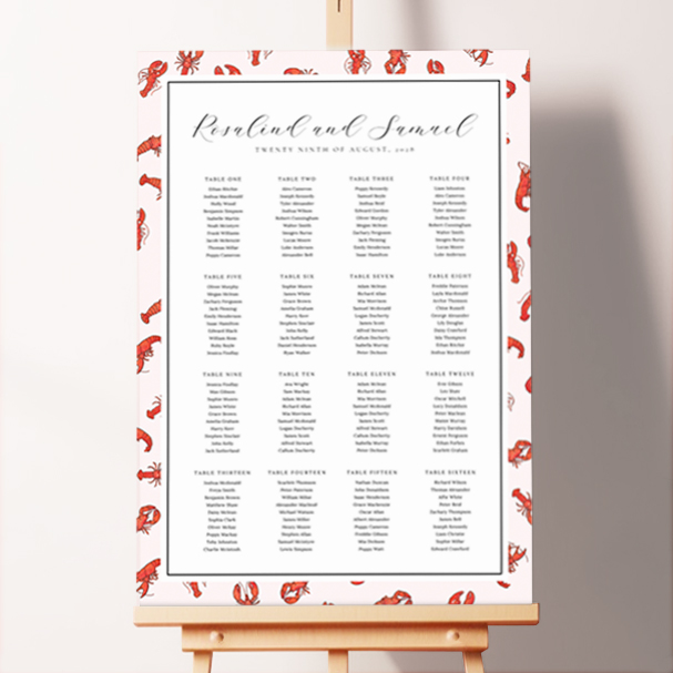 "Tiny, Tiny Lobsters" Seating Plan design featuring bright red lobsters playfully scattered across a pink background, adding a touch of whimsy to your event.. This design shows 16 tables.