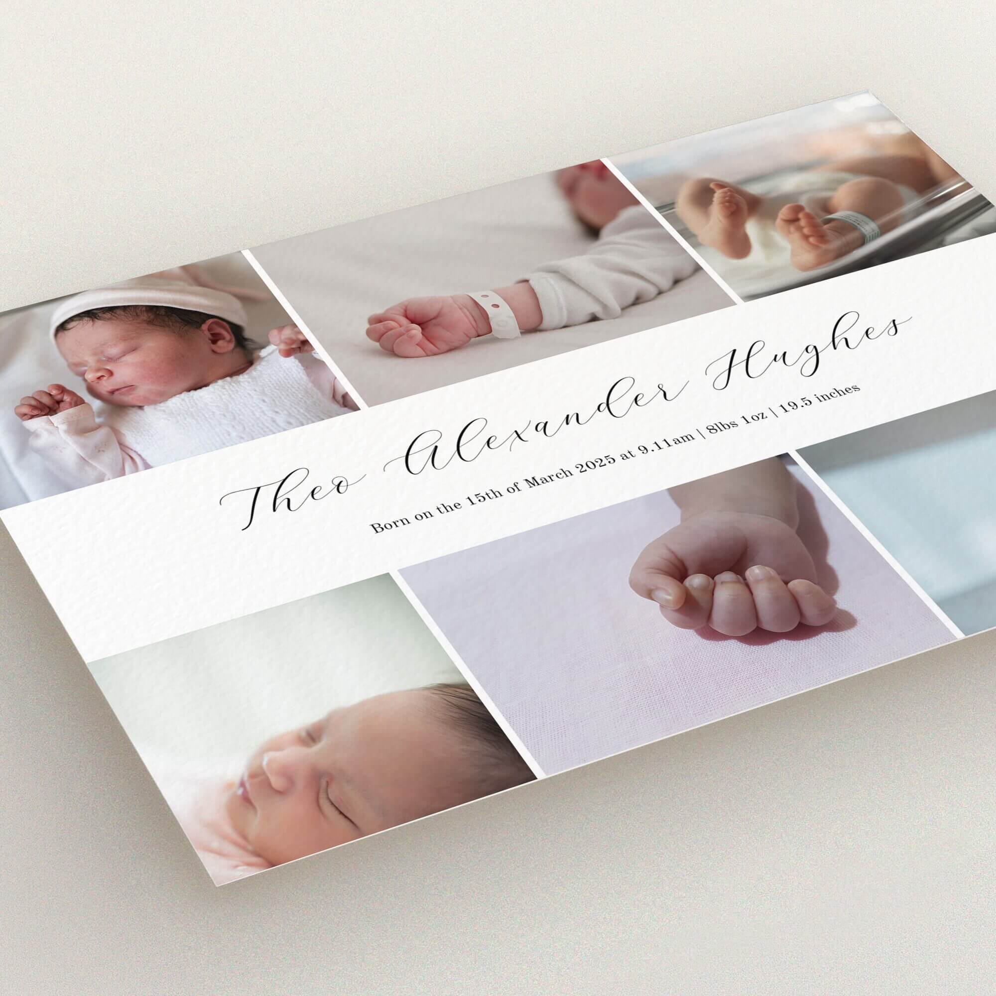 A beautifully designed birth announcement card featuring five photos of a newborn.