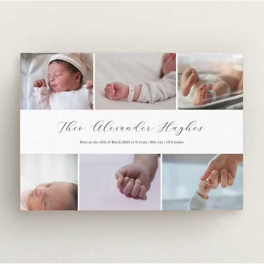 A beautifully designed birth announcement card featuring five photos of a newborn.