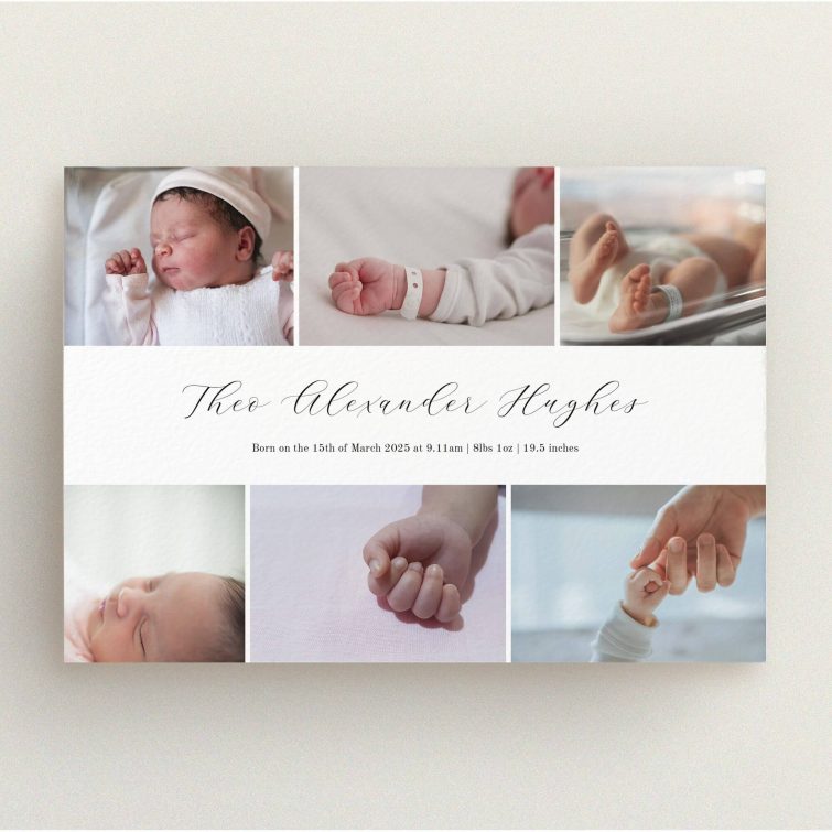 A beautifully designed birth announcement card featuring five photos of a newborn.