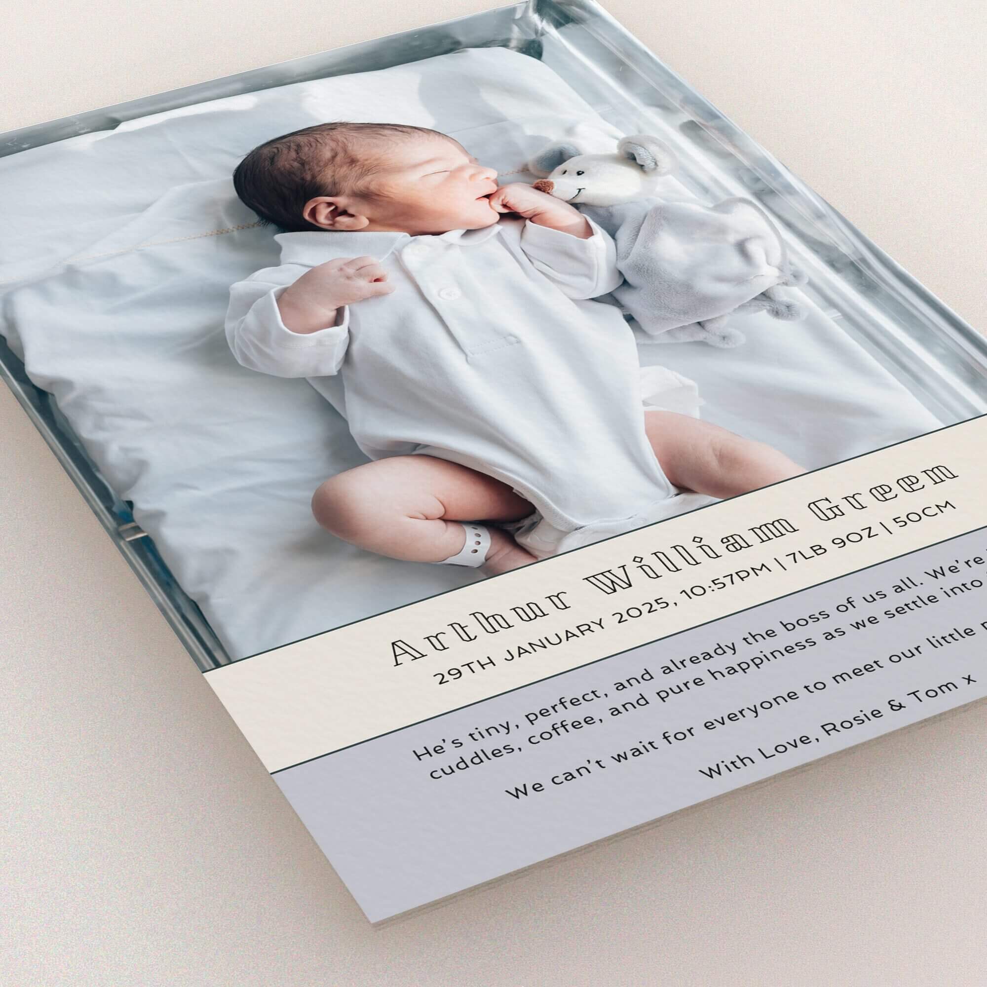 Elegant birth announcement card featuring one photo of a newborn baby in a crib, designed for personalised newborn greetings.
