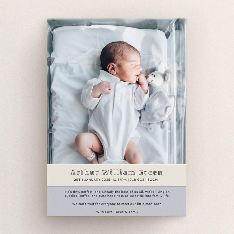 Elegant birth announcement card featuring one photo of a newborn baby in a crib, designed for personalised newborn greetings.