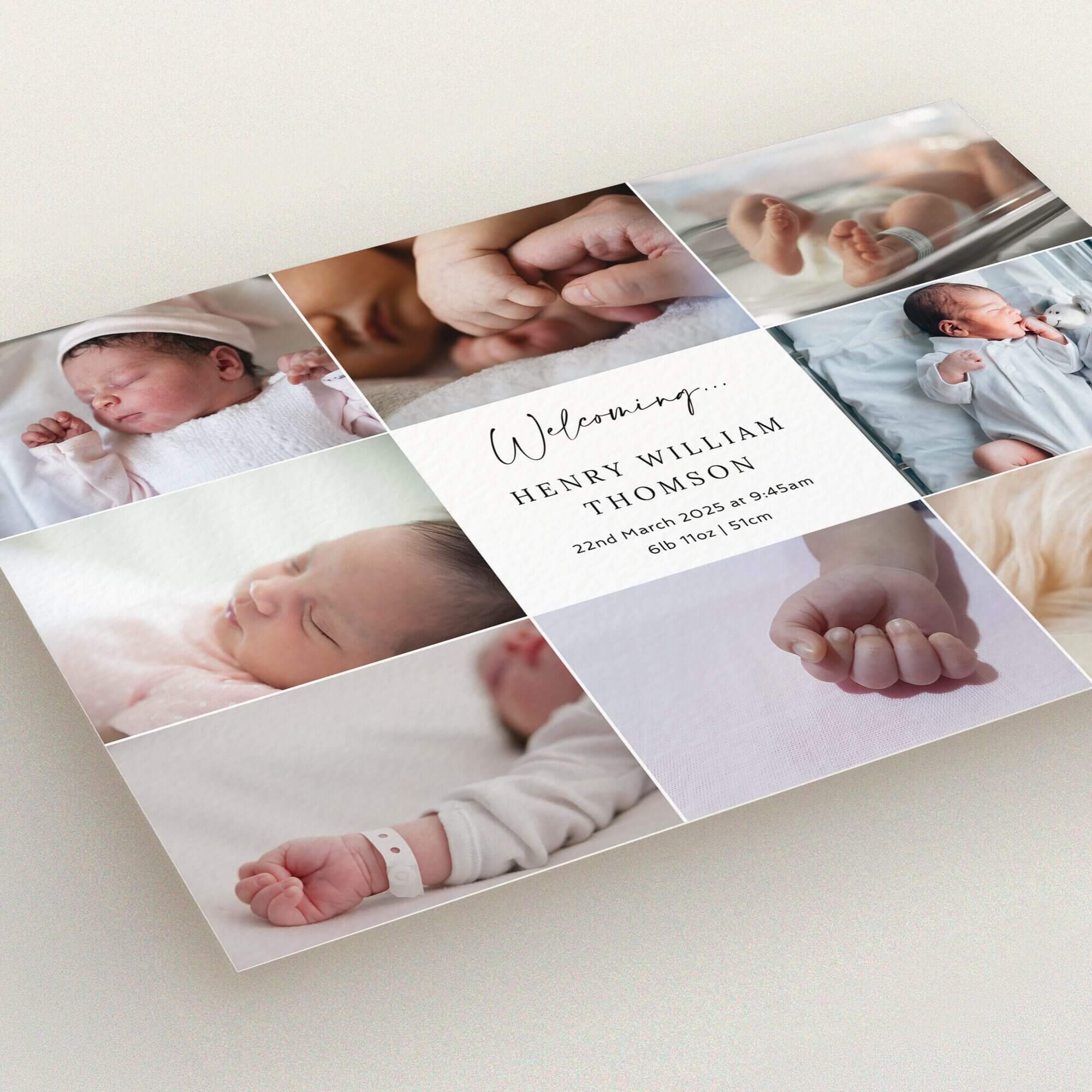 Birth announcement card design with eight baby photos, showcasing personalised photo layout.