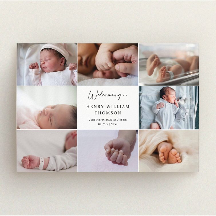 Birth announcement card design with eight baby photos, showcasing personalised photo layout.