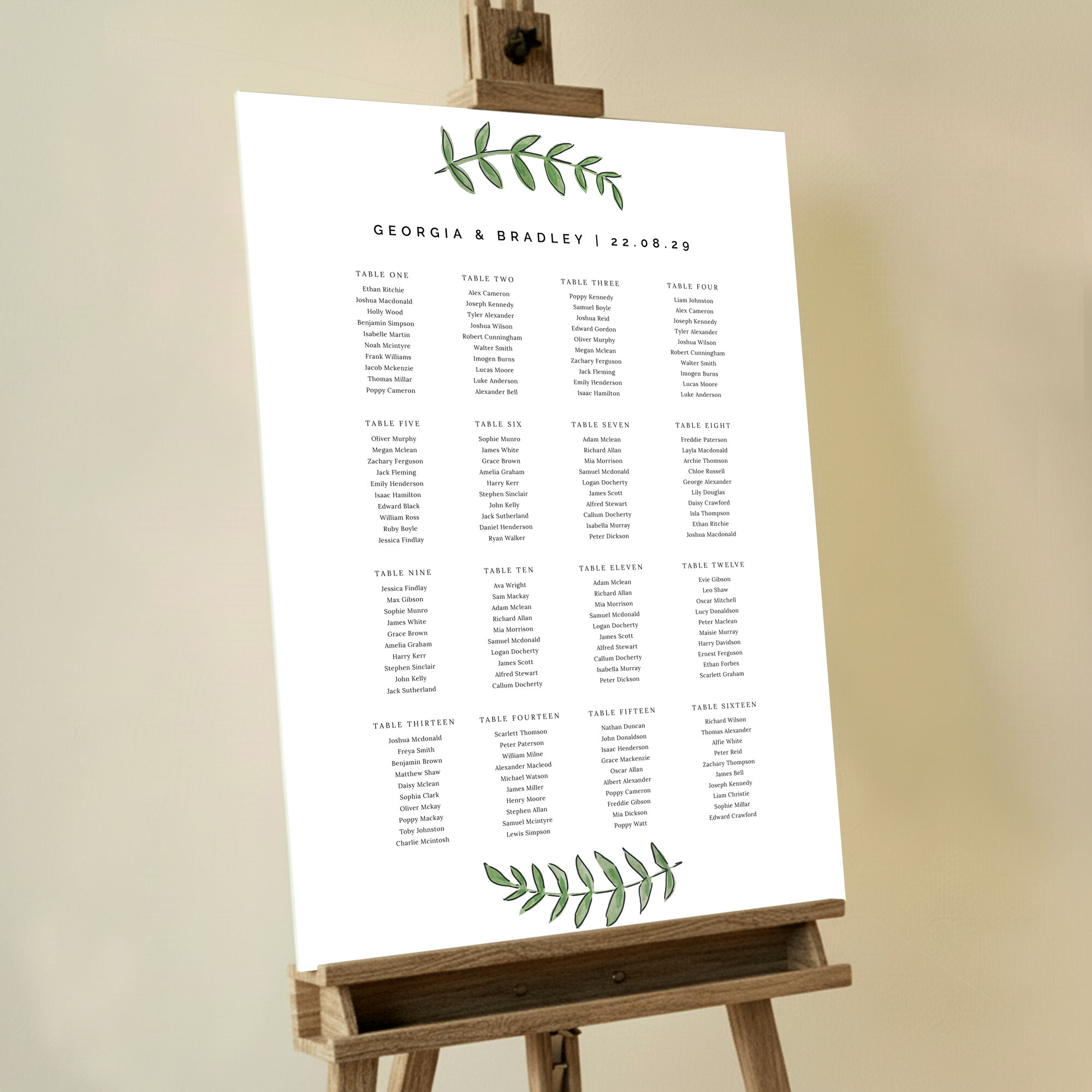 'Top and Bottom' Seating Plan design featuring green leaf illustrations at the header and footer, adding a touch of natural elegance to your event.. This design has 16 tables.