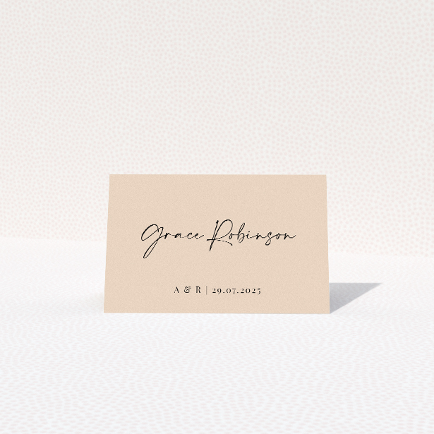 Top Date place cards table template - bold sans-serif fonts for the date and elegant flowing script for couple's names on warm neutral backdrop for chic simplicity. This is a view of the front