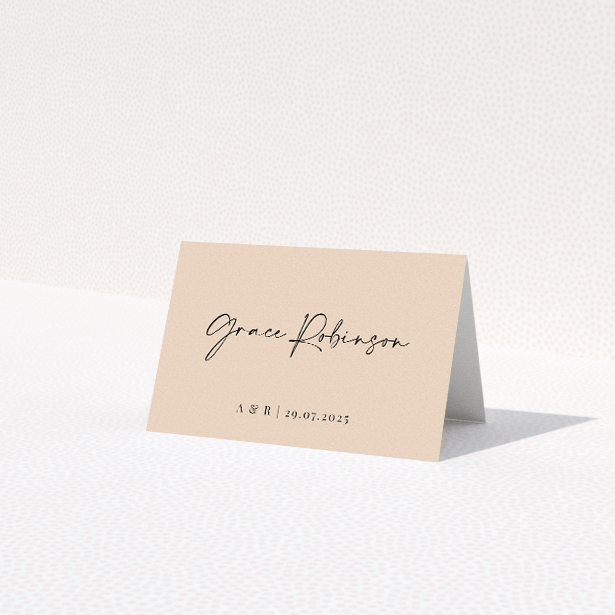 Top Date place cards table template - bold sans-serif fonts for the date and elegant flowing script for couple's names on warm neutral backdrop for chic simplicity. This is a third view of the front
