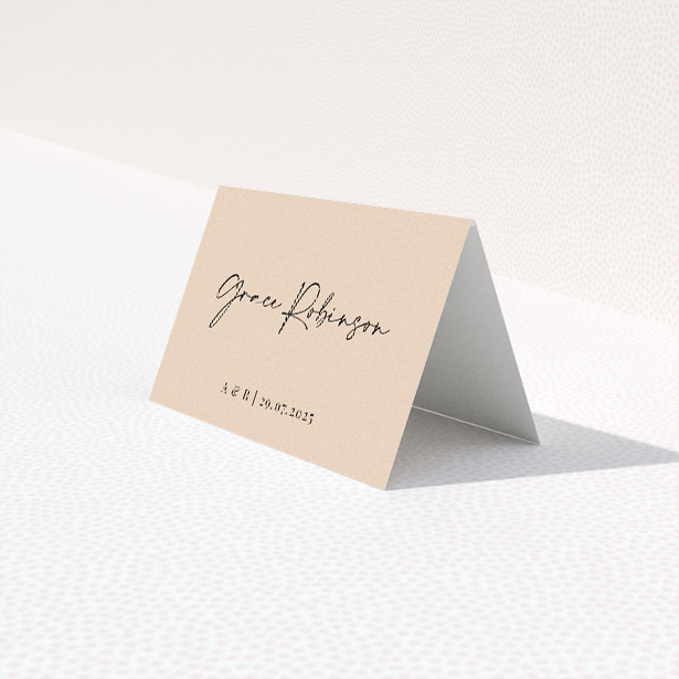 Top Date place cards table template - bold sans-serif fonts for the date and elegant flowing script for couple's names on warm neutral backdrop for chic simplicity. This is a third view of the front