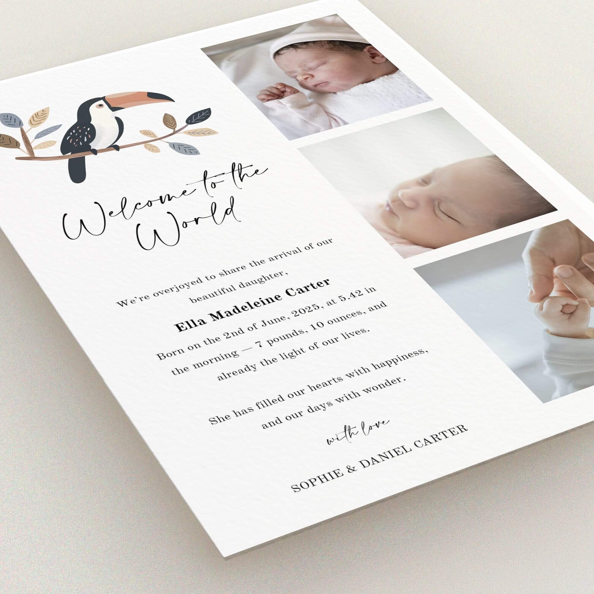 Modern birth announcement card design featuring three photos and elegant text layout.