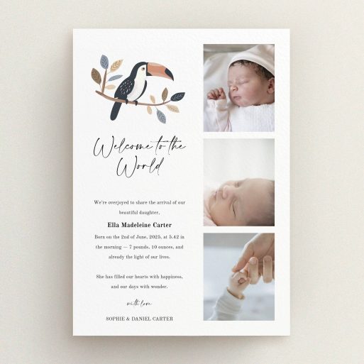 Modern birth announcement card design featuring three photos and elegant text layout.