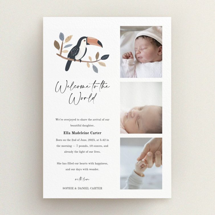 Modern birth announcement card design featuring three photos and elegant text layout.