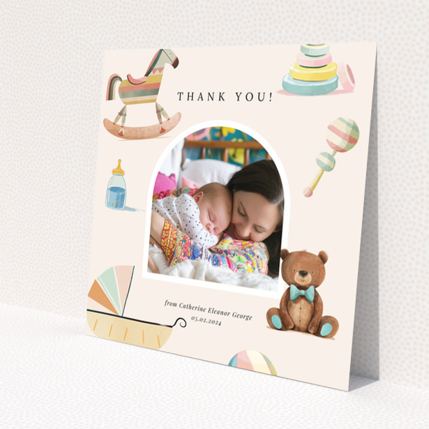Baby thank you card with one photo and colourful baby-themed illustrations