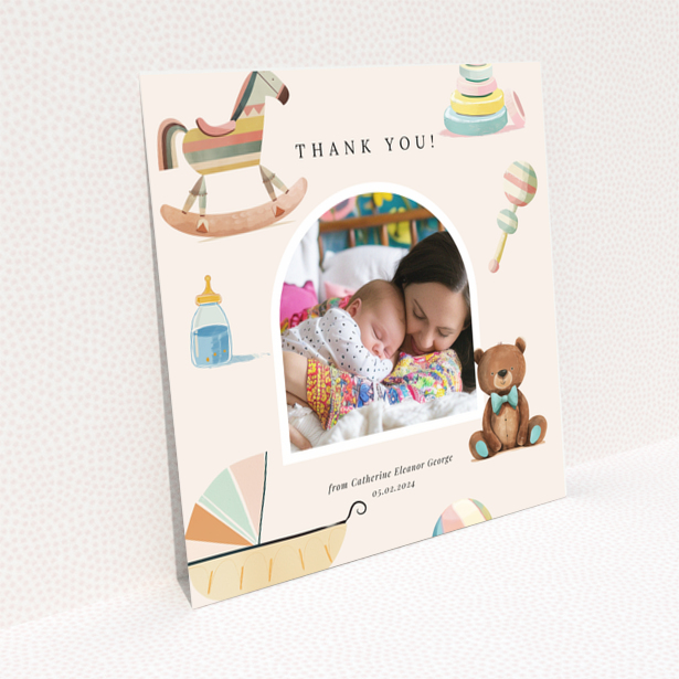 Baby thank you card with one photo and colourful baby-themed illustrations