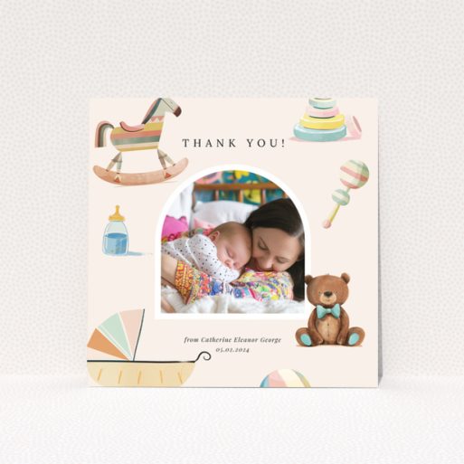 Baby thank you card with one photo and colourful baby-themed illustrations