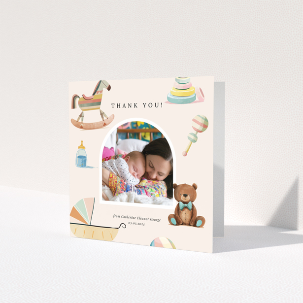 Baby thank you card with one photo and colourful baby-themed illustrations
