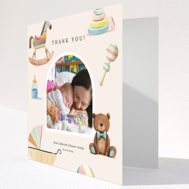 Baby thank you card with one photo and colourful baby-themed illustrations