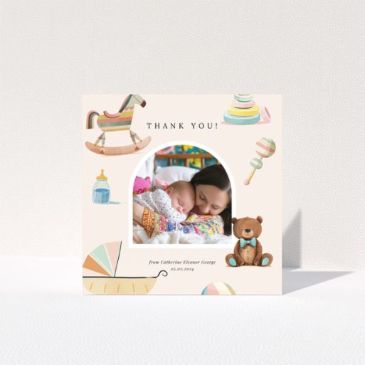 Baby thank you card with one photo and colourful baby-themed illustrations