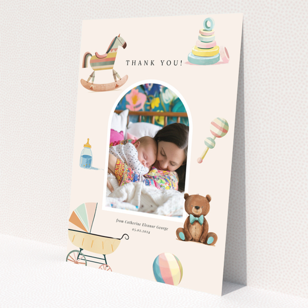 Baby thank you card with one photo and colourful baby-themed illustrations
