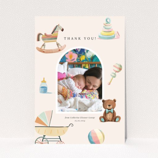 Baby thank you card with one photo and colourful baby-themed illustrations