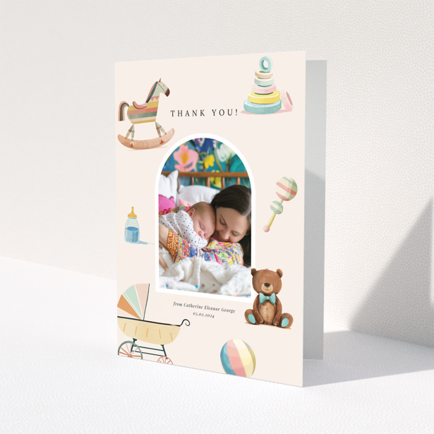 Baby thank you card with one photo and colourful baby-themed illustrations