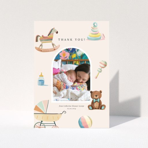 Baby thank you card with one photo and colourful baby-themed illustrations