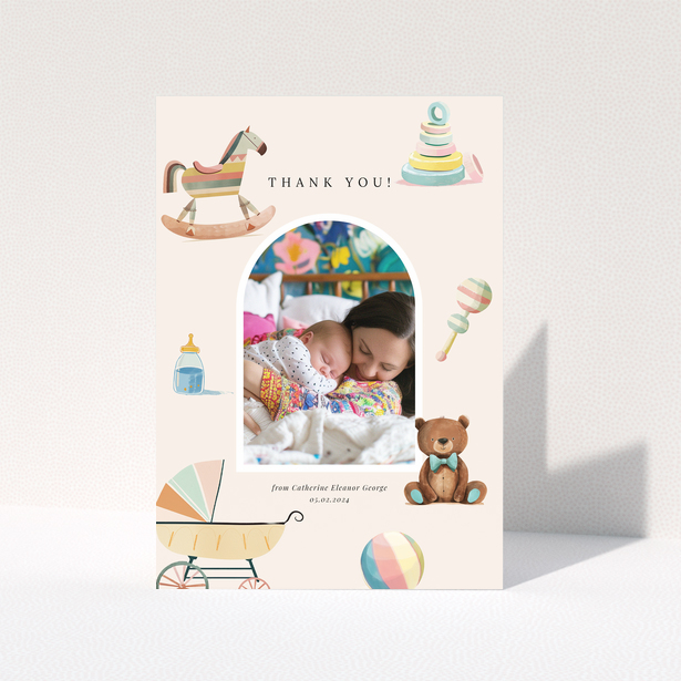 Baby thank you card with one photo and colourful baby-themed illustrations