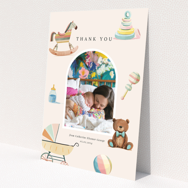 Baby thank you card with one photo and colourful baby-themed illustrations