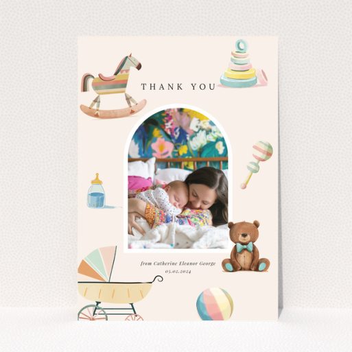 Baby thank you card with one photo and colourful baby-themed illustrations