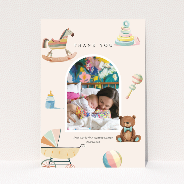 Baby thank you card with one photo and colourful baby-themed illustrations