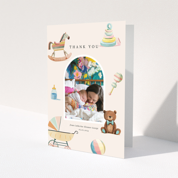 Baby thank you card with one photo and colourful baby-themed illustrations