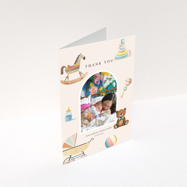 Baby thank you card with one photo and colourful baby-themed illustrations