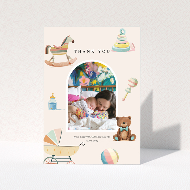 Baby thank you card with one photo and colourful baby-themed illustrations