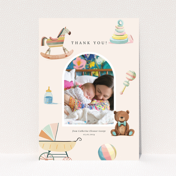 Baby thank you card with one photo and colourful baby-themed illustrations