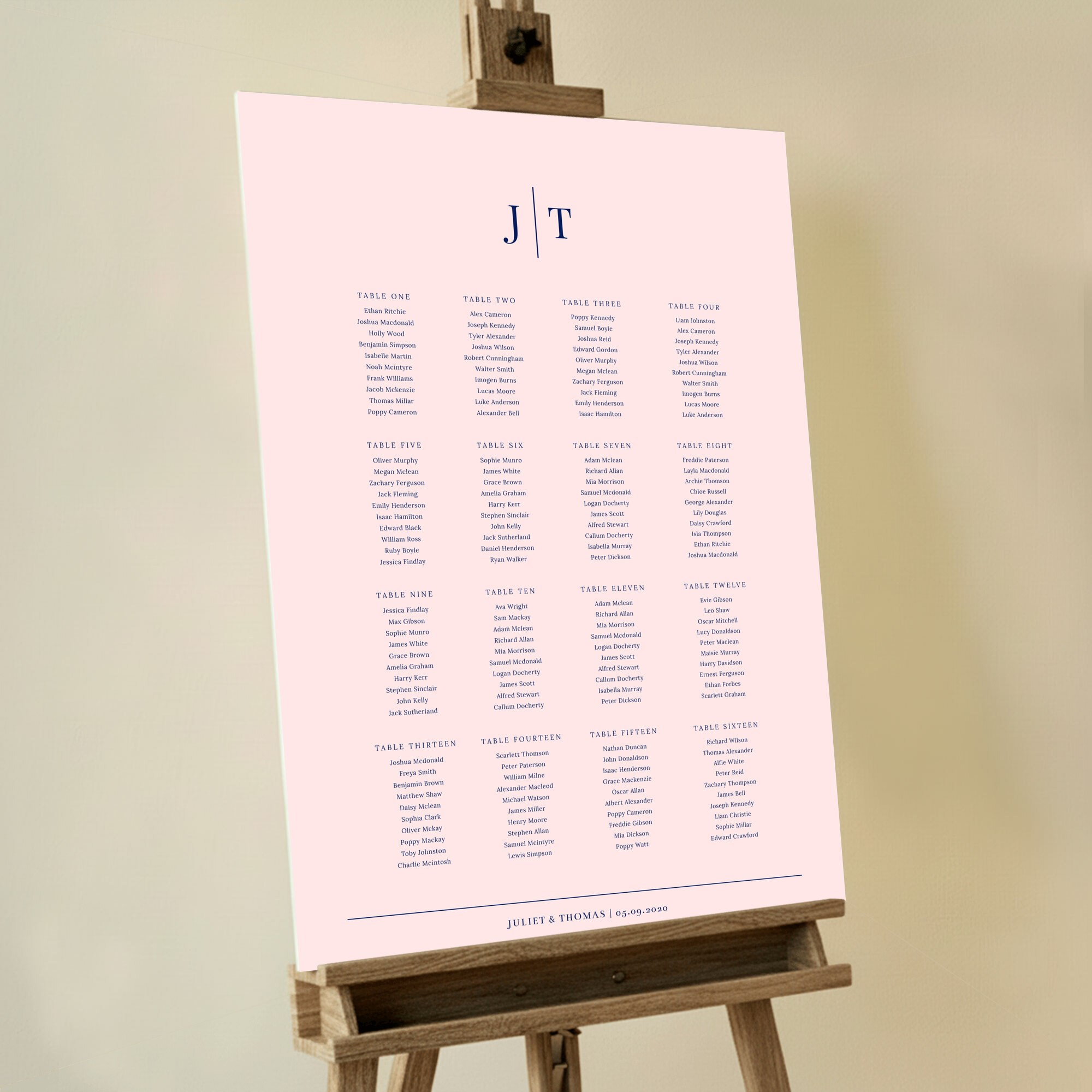 Elegant Tradition in Pink Seating Plan design with a delicate pink background and sophisticated monogram details at the top, adding a touch of grace and refinement to your classic celebration.. This design is formatted for 16 tables.