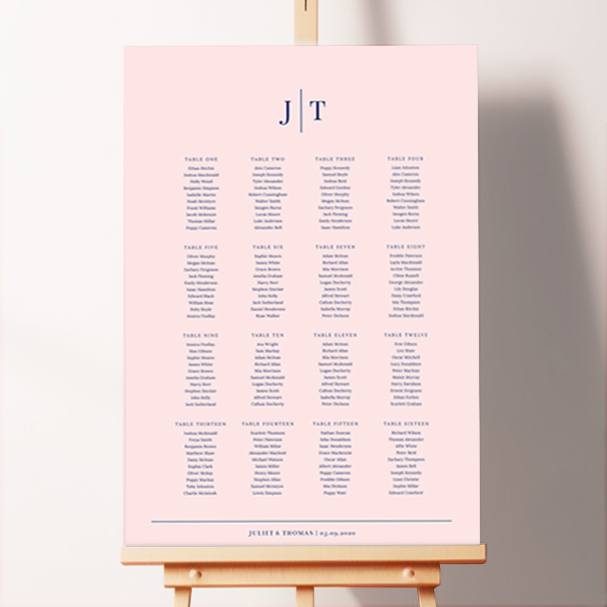 Elegant Tradition in Pink Seating Plan design with a delicate pink background and sophisticated monogram details at the top, adding a touch of grace and refinement to your classic celebration.. This design is formatted for 16 tables.