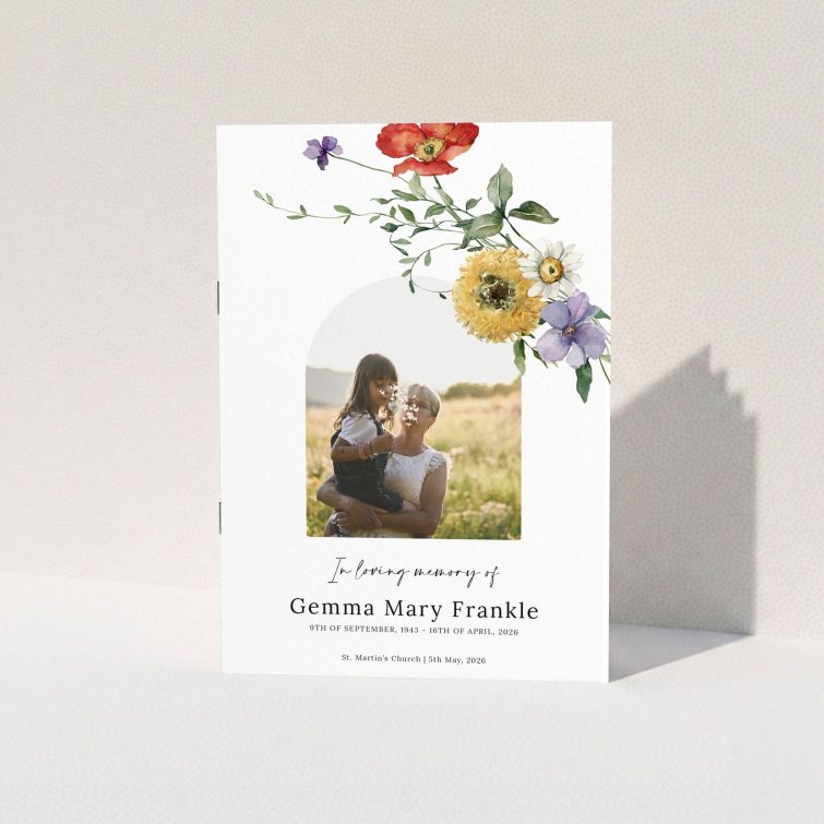 Floral funeral order of service programme design with one photo for personalised memorial.