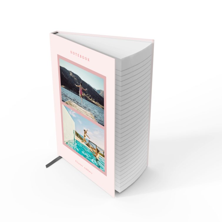 Elegant portrait orientation notebook cover design with two photos, perfect for personalisation and printing by Utterly Printable.